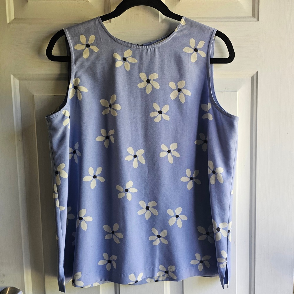 Valerie Stevens Petites Blue Silk Daisy Floral Sleeveless Shell Blouse PL
